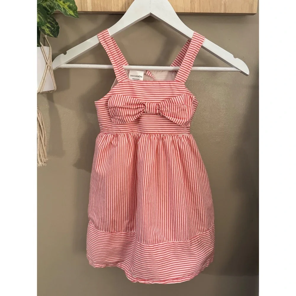 Toughskins Girls Red White Striped Bow Front Sundress 4T Cotton Summer Dress